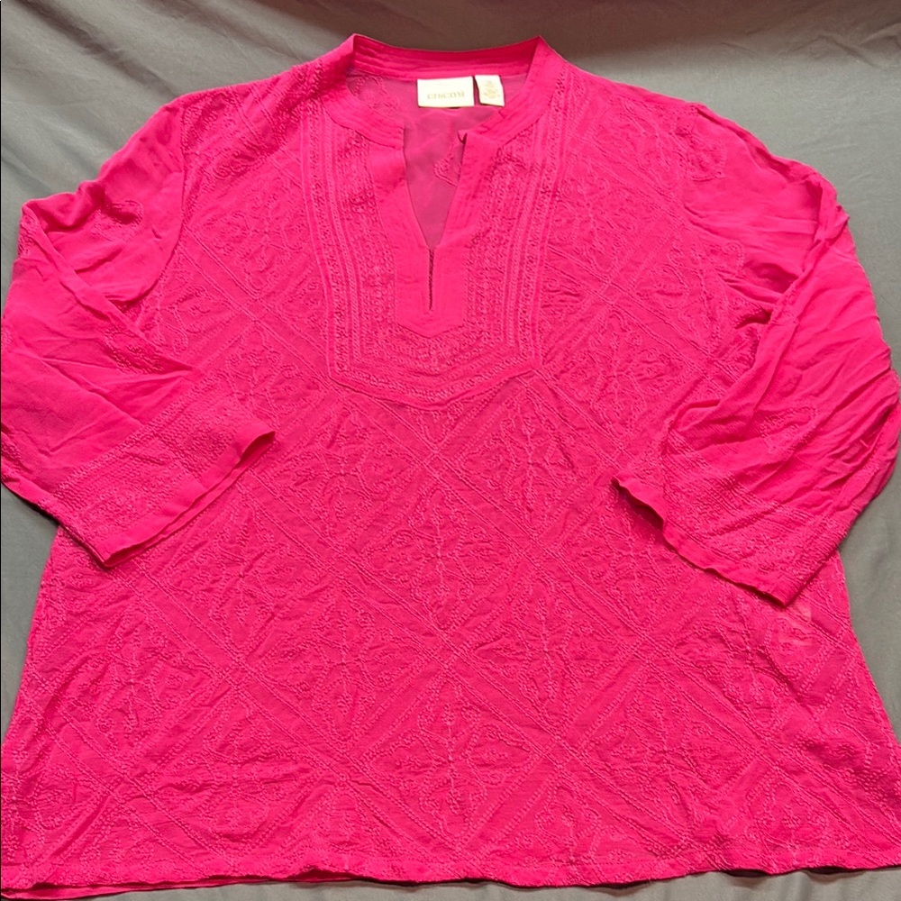 Chico's Hot Pink Embroidered Sheer Tunic Top | Mandarin Collar Relaxed Fit